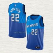 Camiseta Khris Middleton NO 22 Milwaukee Bucks Ciudad 2020-21 Azul