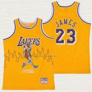 Camiseta LeBron James NO 23 Los Angeles Lakers Hardwood Classics Skull Edition Amarillo