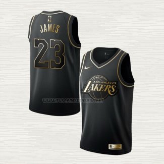 Camiseta Lebron James NO 23 Los Angeles Lakers Golden Edition Negro