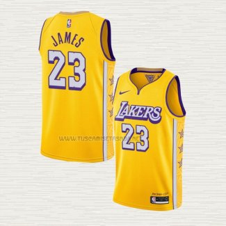 Camiseta Lebron James NO 23 Los Angeles Lakers Ciudad 2019-20 Amarillo