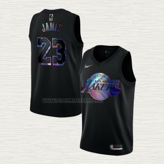 Camiseta LeBron James NO 23 Los Angeles Lakers Iridescent Logo Negro