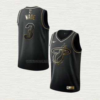 Camiseta Dwyane Wade NO 3 Miami Heat Golden Edition Negro