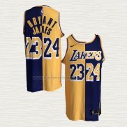 Camiseta Kobe Bryant LeBron James NO 24 23 Los Angeles Lakers Split Amarillo Violeta