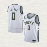 Camiseta Damian Lillard NO 0 Nino Milwaukee Bucks Association 2022-23 Blanco