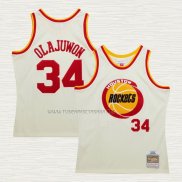 Camiseta Hakeem Olajuwon NO 32 Houston Rockets Mitchell & Ness Chainstitch Crema