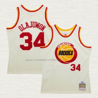 Camiseta Hakeem Olajuwon NO 32 Houston Rockets Mitchell & Ness Chainstitch Crema