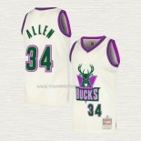 Camiseta Ray Allen NO 34 Milwaukee Bucks Mitchell & Ness Chainstitch Crema