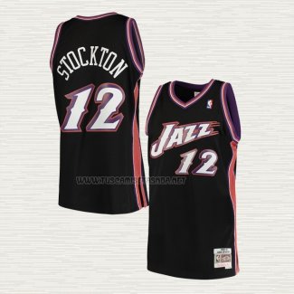 Camiseta John Stockton NO 12 Utah Jazz Hardwood Classics 1998-99 Negro