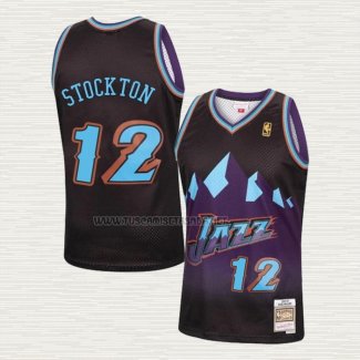 Camiseta John Stockton NO 12 Utah Jazz Mitchell & Ness 1996-97 Negro