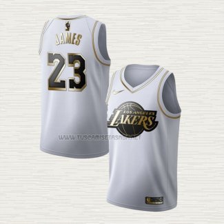 Camiseta Lebron James NO 23 Los Angeles Lakers Golden Edition Blanco