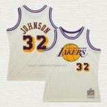 Camiseta Magic Johnson NO 32 Los Angeles Lakers Mitchell & Ness Chainstitch Crema