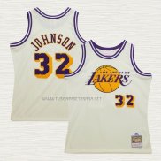 Camiseta Magic Johnson NO 32 Los Angeles Lakers Mitchell & Ness Chainstitch Crema