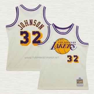 Camiseta Magic Johnson NO 32 Los Angeles Lakers Mitchell & Ness Chainstitch Crema