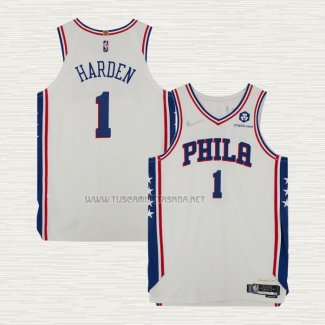 Camiseta James Harden NO 1 Philadelphia 76ers Association Autentico Blanco