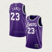 Camiseta LeBron James NO 23 Los Angeles Lakers Ciudad 2021-22 Violeta